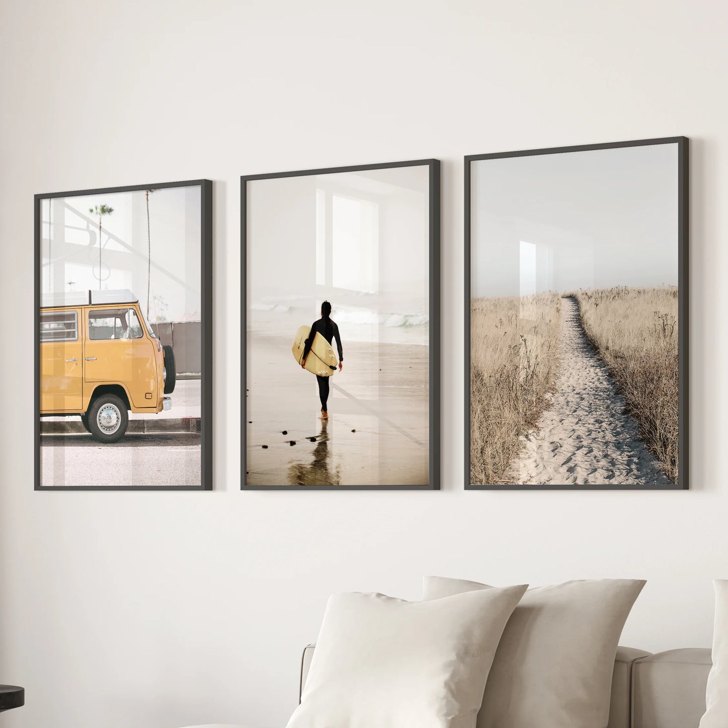Surfer catching a wave three-piece wall art set - ideal for the sitting room, placed above the couch with sleek black frames for a crisp finish.