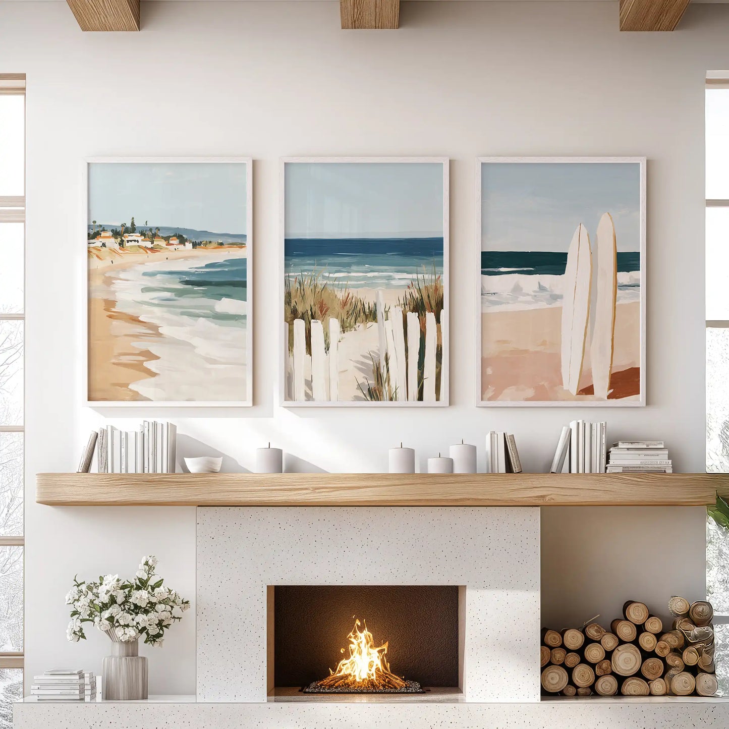 Coastal seascape white framed prints crest above the mantelpiece as a set of three, giving the lounge an airy, tide-washed focal point.