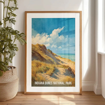 Indiana Dunes National Park landscape individual art print in a black matted frame, resting on the bedroom floor by a window for an informal lean.