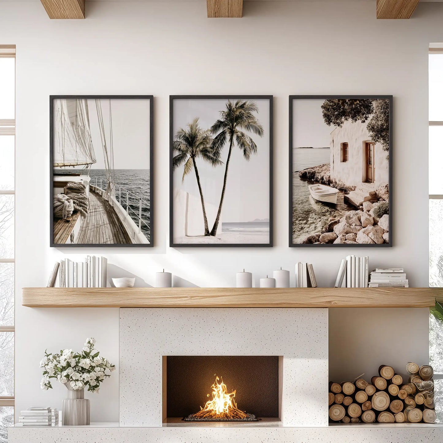 Palm tree wall art, three-piece set, in black frames for the lounge, arranged above the fireplace for a relaxed Mediterranean vibe.