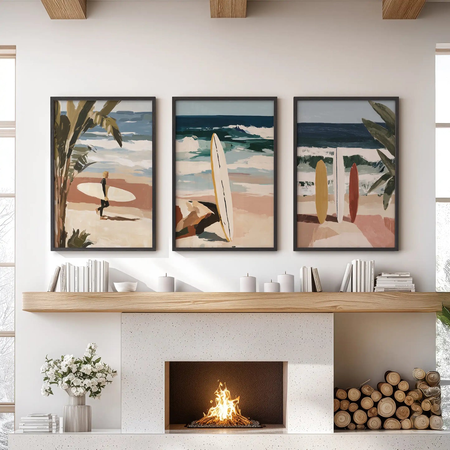 A black-framed trio of surfboard wall art brightens the family-room mantel with clean coastal lines and soft, sun-washed beach hues.