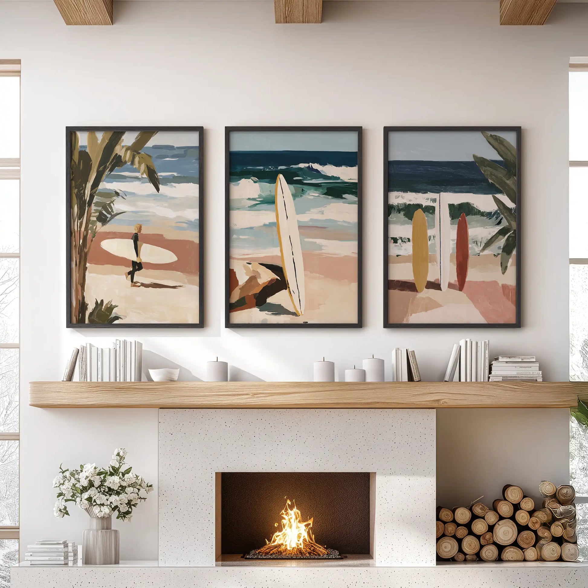 A black-framed trio of surfboard wall art brightens the family-room mantel with clean coastal lines and soft, sun-washed beach hues.