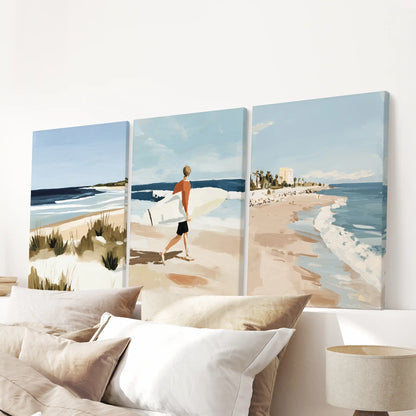 Gallery-wrapped surf canvases, a coordinated set of three, line the wall above the headboard to bring texture, depth, and calm.
