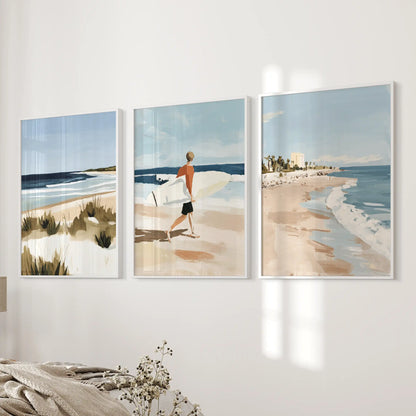 Ocean surf photography, a three-piece wall decor set of white-framed prints, lines the wall next to the bed for a serene, tidal feel.