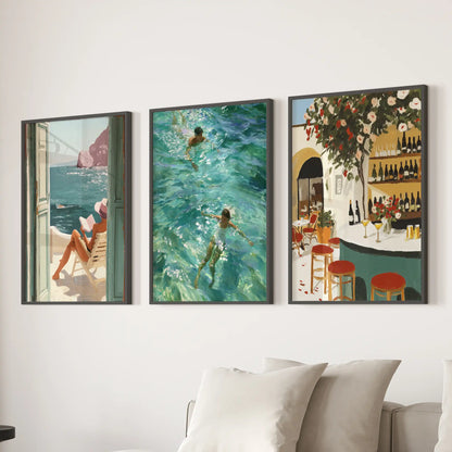 Triptych wall art of an ocean swimmer in black frames floats above the lounge sectional, adding a cool burst of coastal energy.