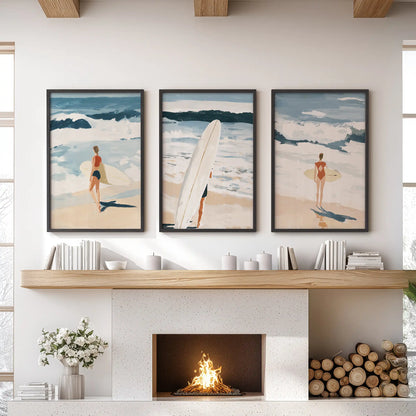 Ocean wave triptych, 3-piece wall art in black-framed prints, brings motion to the sitting room and sits cleanly over the mantel.
