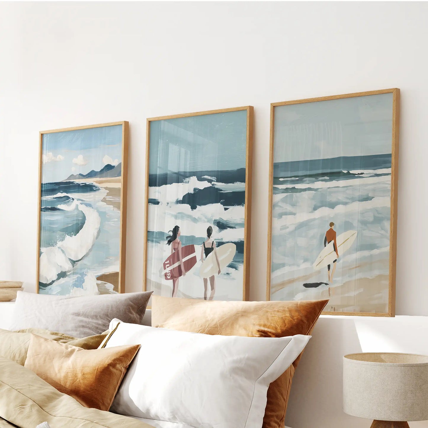 Surfer wall art three-piece set in oak wood frames, mounted above the headboard to lend easy motion to the bedroom.