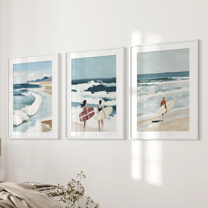Ocean waves three-piece wall art in white frames with white mats, hung beside the bed to soothe a serene bedroom.