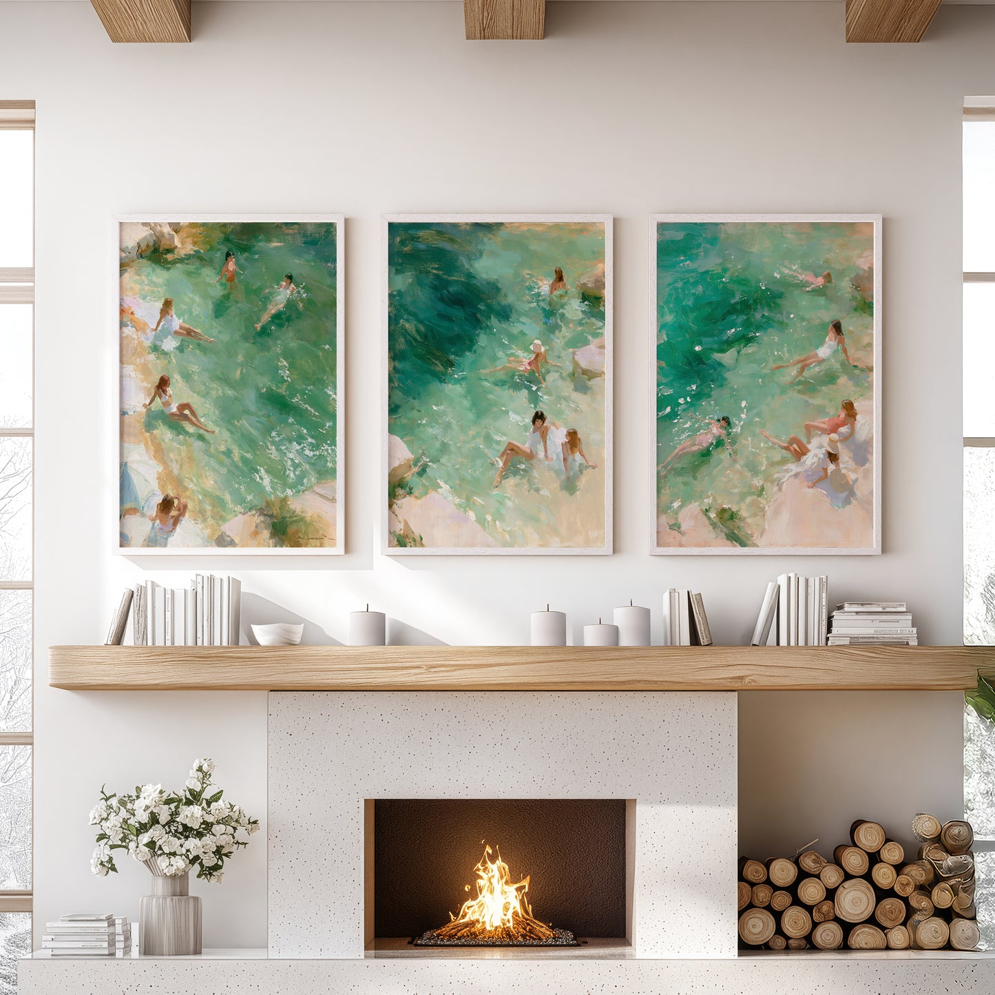 Mediterranean Beach Set of 3 Prints. Ocean Swimmer Wall Art