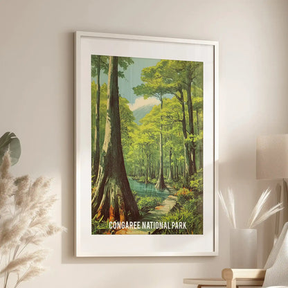 Old-growth woodland canopy art print, wide-matted in a white frame, hangs above the family-room sofa, offering a peaceful glimpse of South Carolina nature.