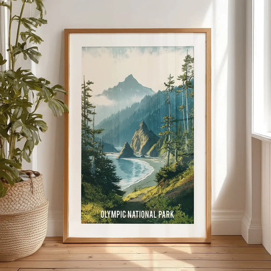 A single-panel wall piece of forest peaks leans against the bedroom wall, its black-framed matting giving the Northwest scene relaxed dimension.