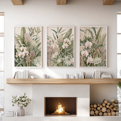 Tropical botanical prints in white frames, a set of three above a fireplace.