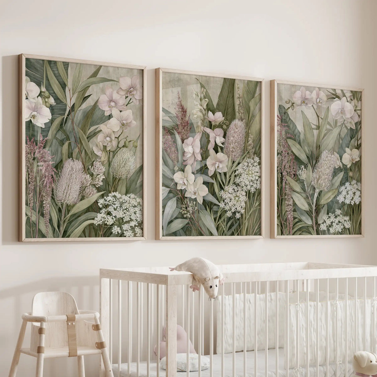The three oak-framed prints above a crib show orchids, rounded flower heads and small white blooms layered among upright green leaves.