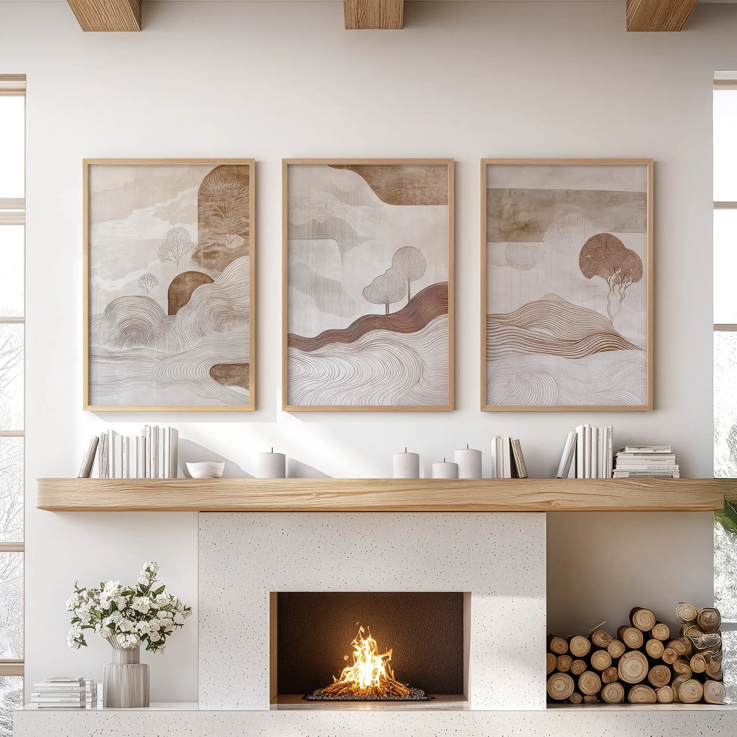 Neutral abstract shapes set of three gallery prints, in warm wooden frames, anchors the living room above the hearth with quiet, modern order.