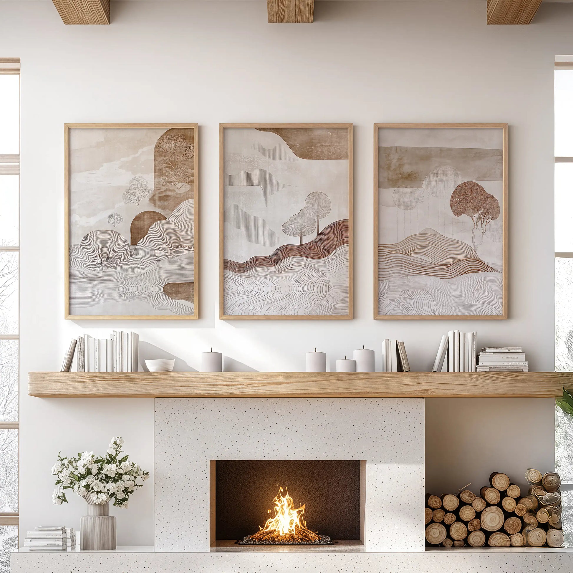 Neutral abstract shapes set of three gallery prints, in warm wooden frames, anchors the living room above the hearth with quiet, modern order.