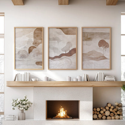 Neutral abstract shapes set of three gallery prints, in warm wooden frames, anchors the living room above the hearth with quiet, modern order.