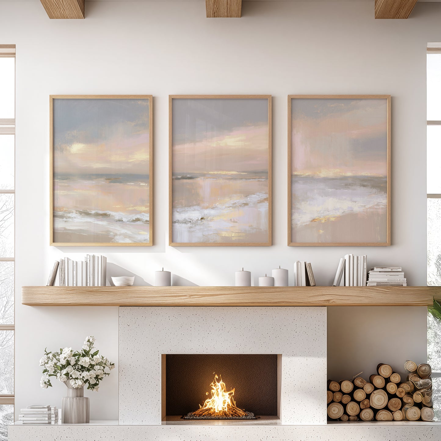 Abstract Coastal Set of 3 Prints. Neutral Seascape Painting