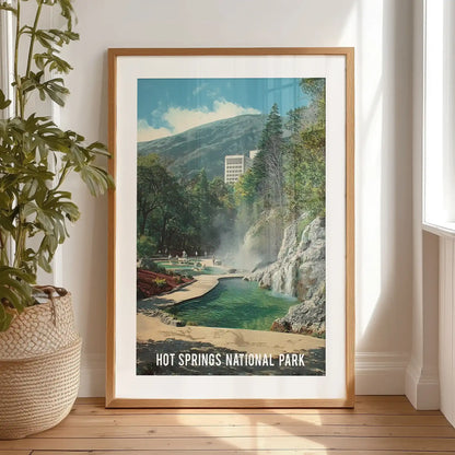 Hot Springs National Park scene single poster print in a black frame with mat fits the bedroom, standing on the floor for a relaxed, curated feel.
