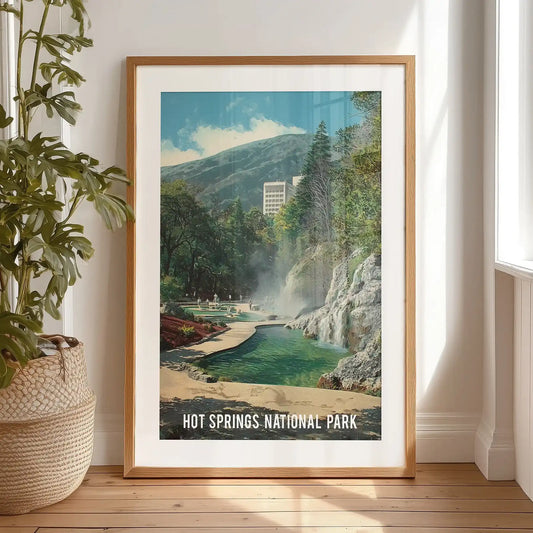 Hot Springs National Park scene single poster print in a black frame with mat fits the bedroom, standing on the floor for a relaxed, curated feel.