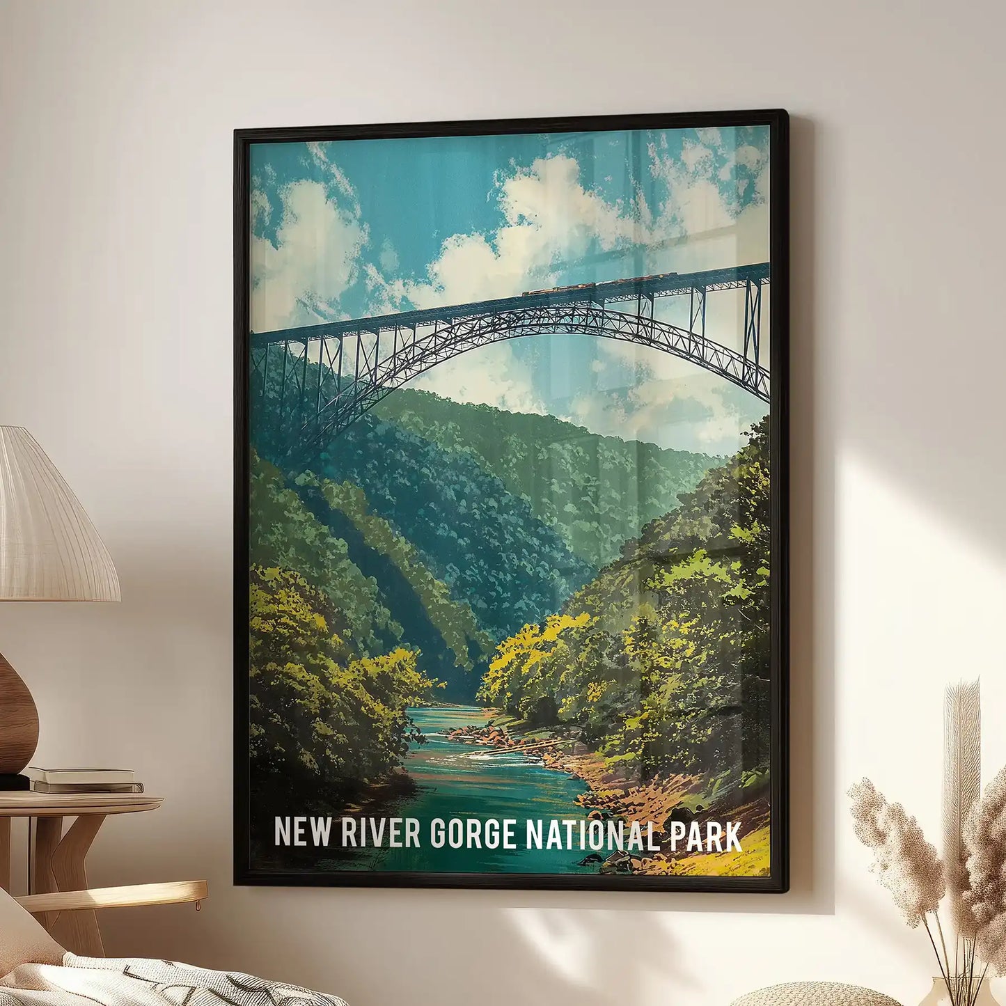 New River Gorge Bridge single panel print, framed in black, brings national park wall art to a living room and hangs neatly above a cozy reading chair.