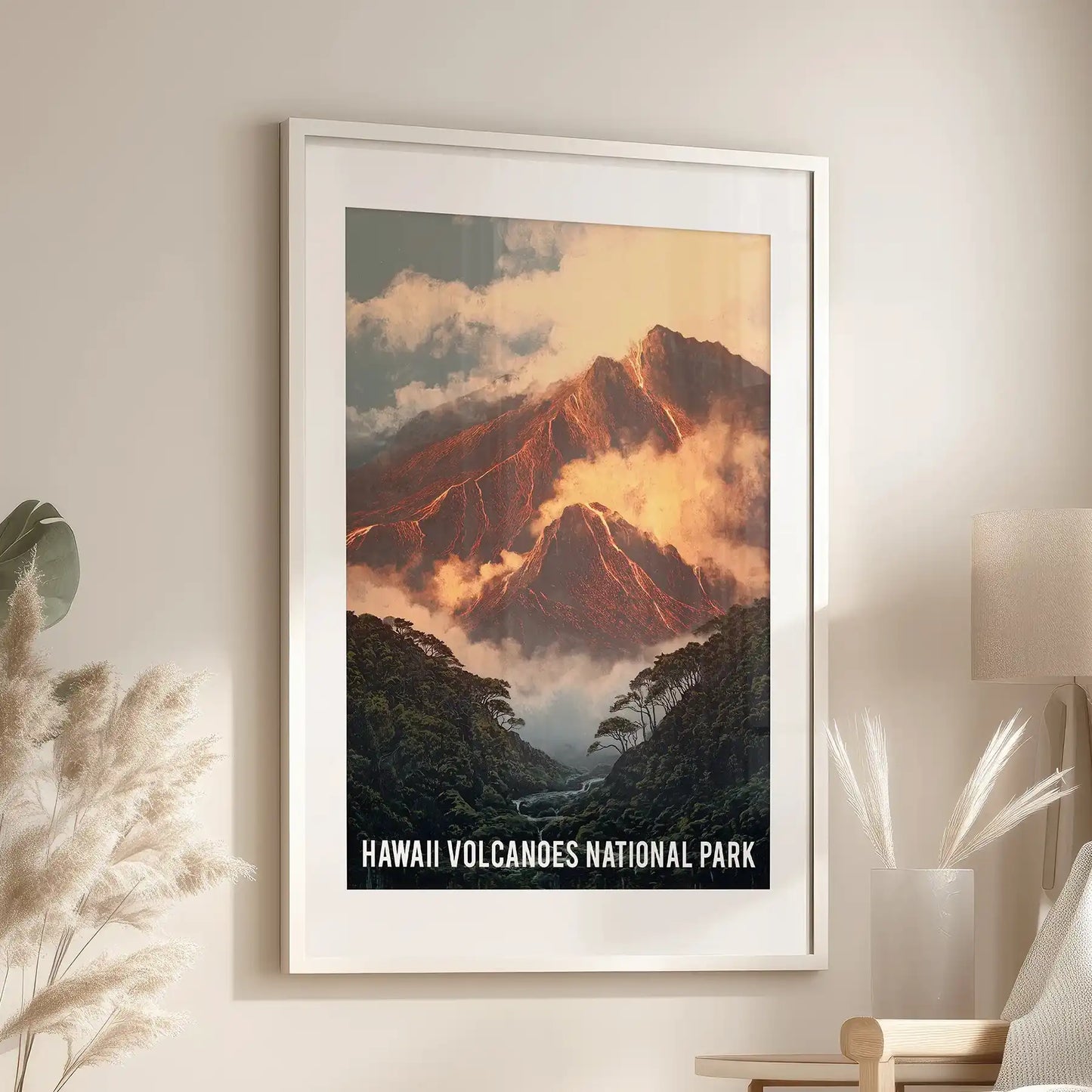 This Hawaiʻi Volcanoes National Park poster, set in a white frame with mat, sits above the family room seating area for a neat, finished look.