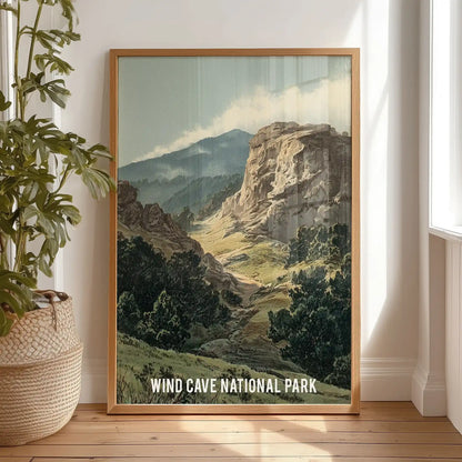 Rock and pine forest landscape wall decor in a light wood frame leans against the bedroom wall by the window, bringing grounded texture to a restful corner.