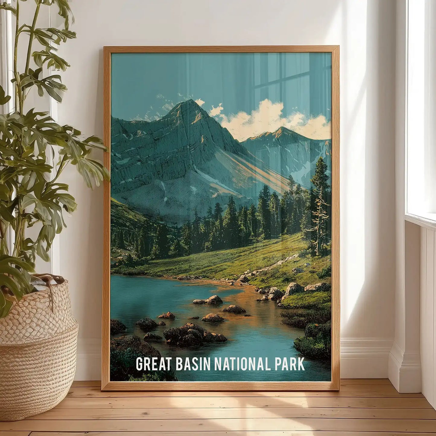 A wood-framed nature poster of Nevada wilderness, propped on the bedroom floor by the window for relaxed, movable wall decor.