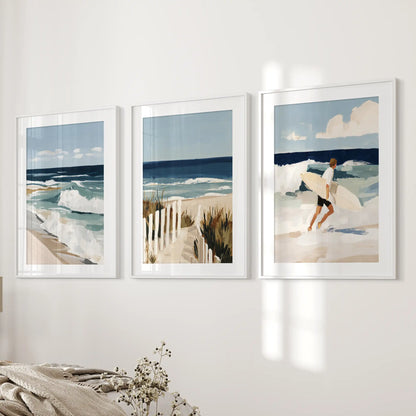 Surfer scenes wall art, wall art 3 piece set, adds quiet adventure to a bedroom next to the bed wall in white frames with mat.