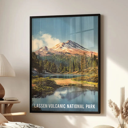 Lassen Peak volcanic mountain poster, a statement wall art piece in a black frame, anchors the sitting room by the accent chair.