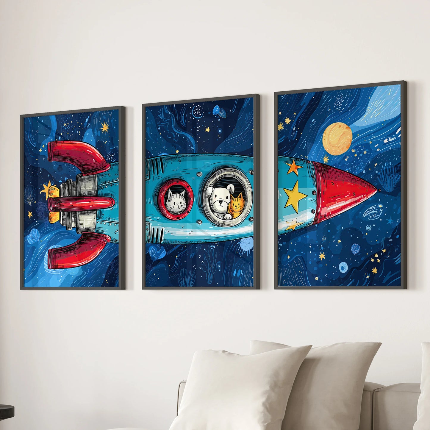 Cartoon rocket wall art, a three-piece set, anchors the sitting room wall in sleek black frames behind the couch.
