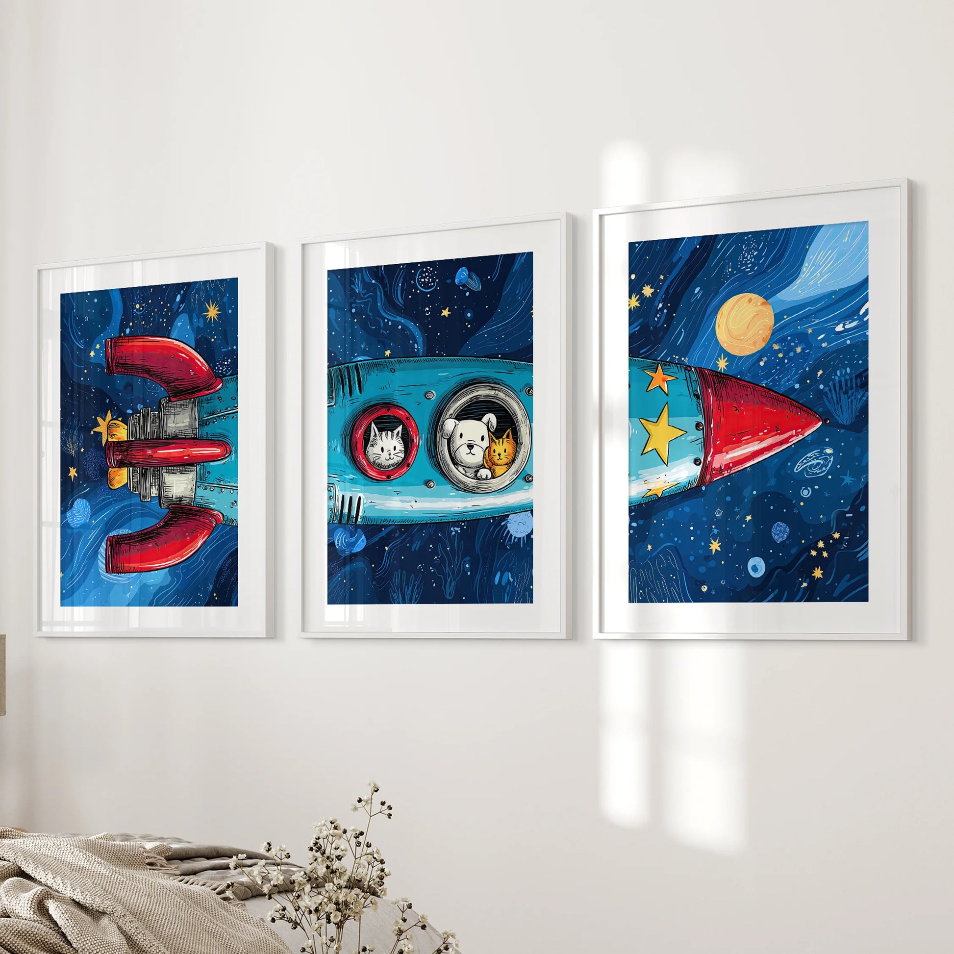 Three coordinated outer space prints with wide white mats hang near the bed, giving the bedroom wall a bright, composed look.