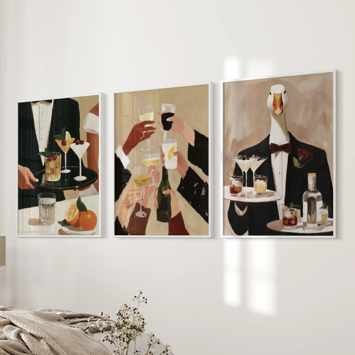 Painterly bartender wall art in a three-piece poster set, displayed in white frames on the bedroom wall beside the bed.