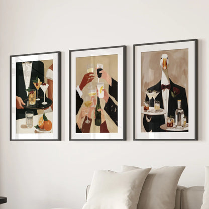 Painterly bartender wall art in a set of three prints, shown in matted black frames above a sitting room couch.