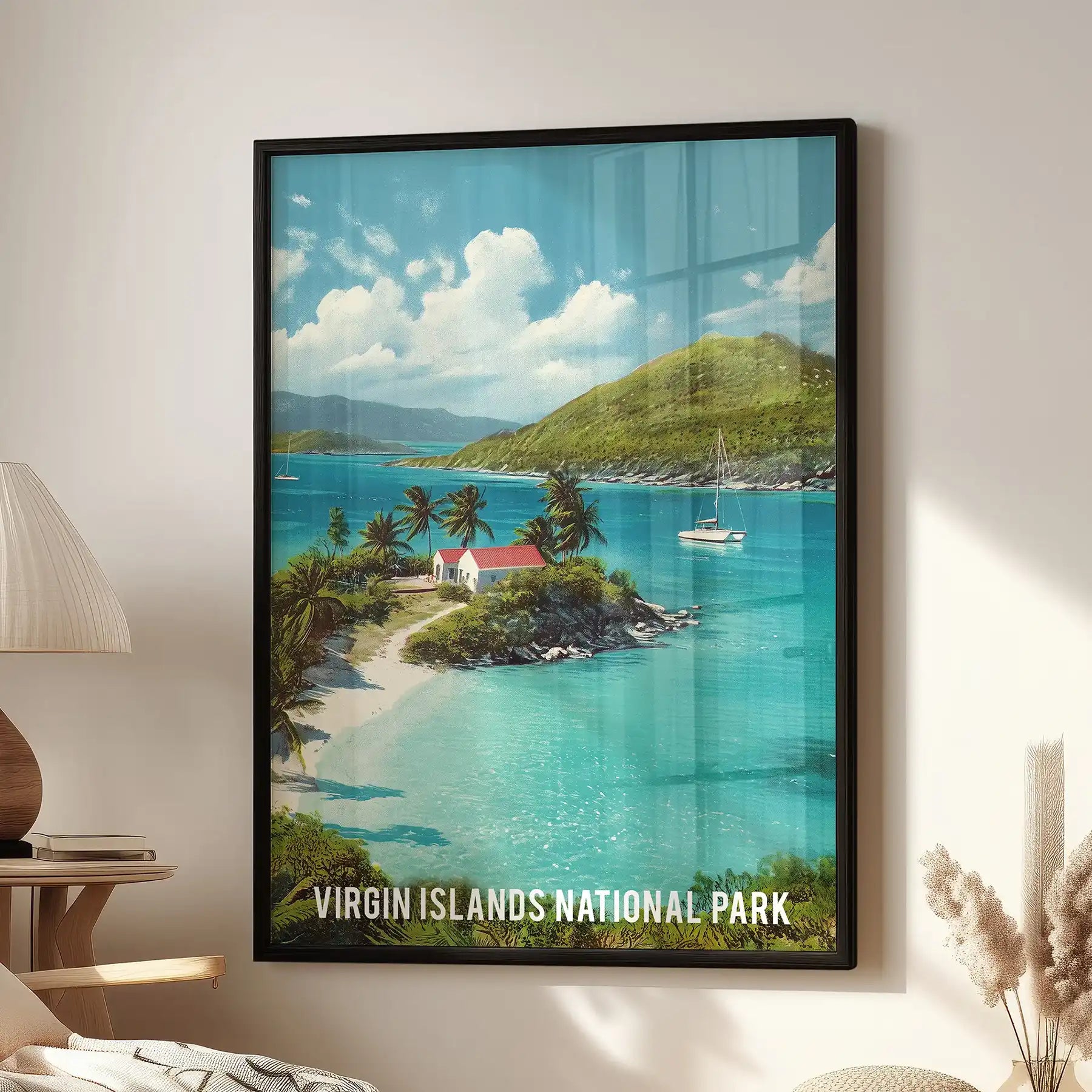 Caribbean beach with palm trees single wall art print in a black frame hangs above the seating area in a sitting room, bringing turquoise surf and warm sand.