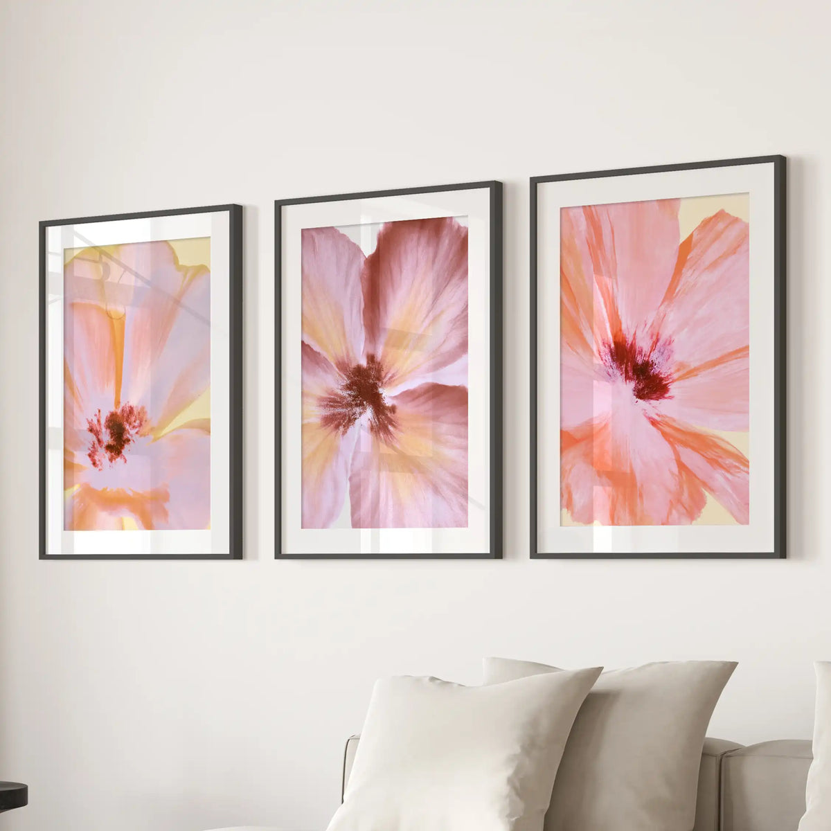 The three black frames above a sofa have white mats around close views of flowers, with broad pink petals and dark red centers.