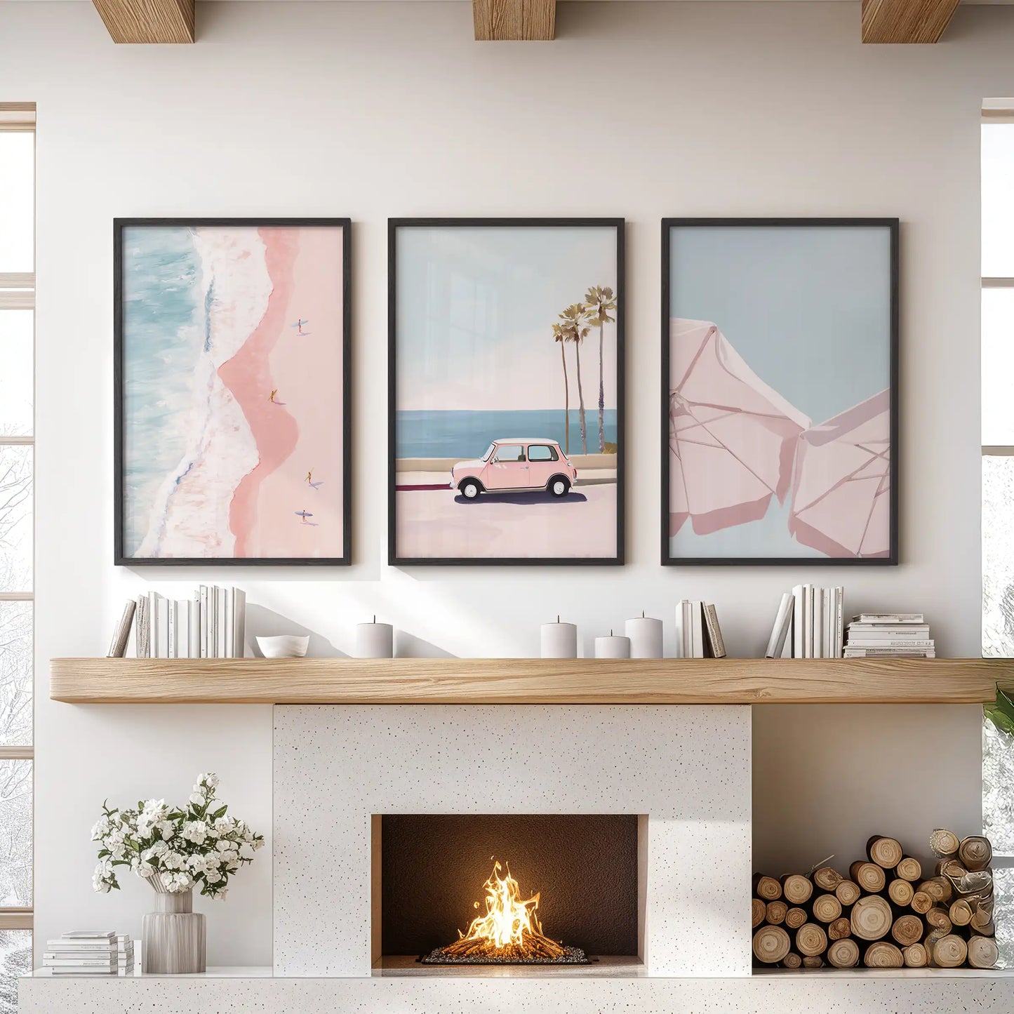 Palm trees, a 3-piece wall art set in black frames, brings breezy coastal color above the fireplace in the sitting room.