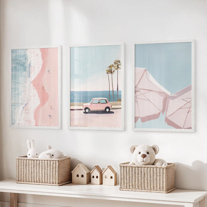 A serene 3-print beach art set in clean white frames drifts quietly above the toy organizer in the children’s room.