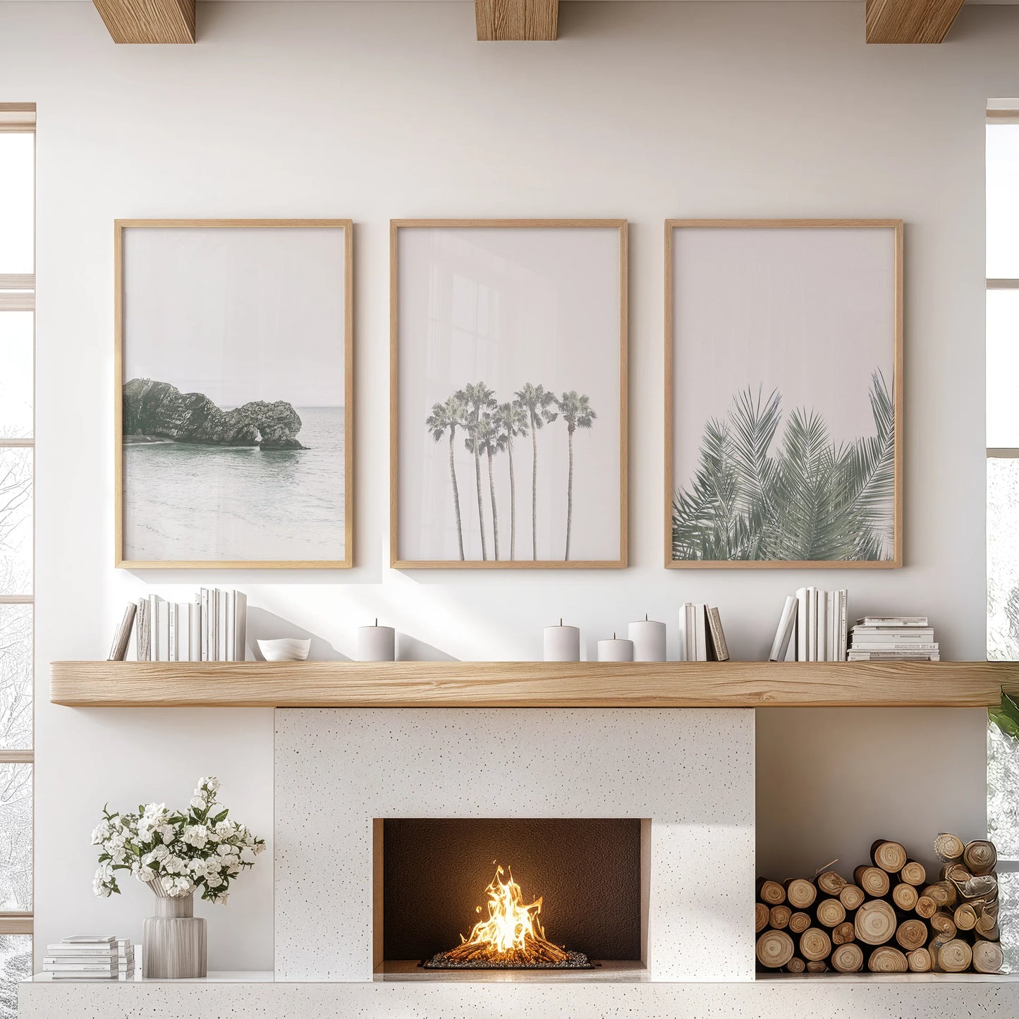A thin-wood-framed trio of seaside art prints completes the sitting room mantel display, offering an airy coastal charm.