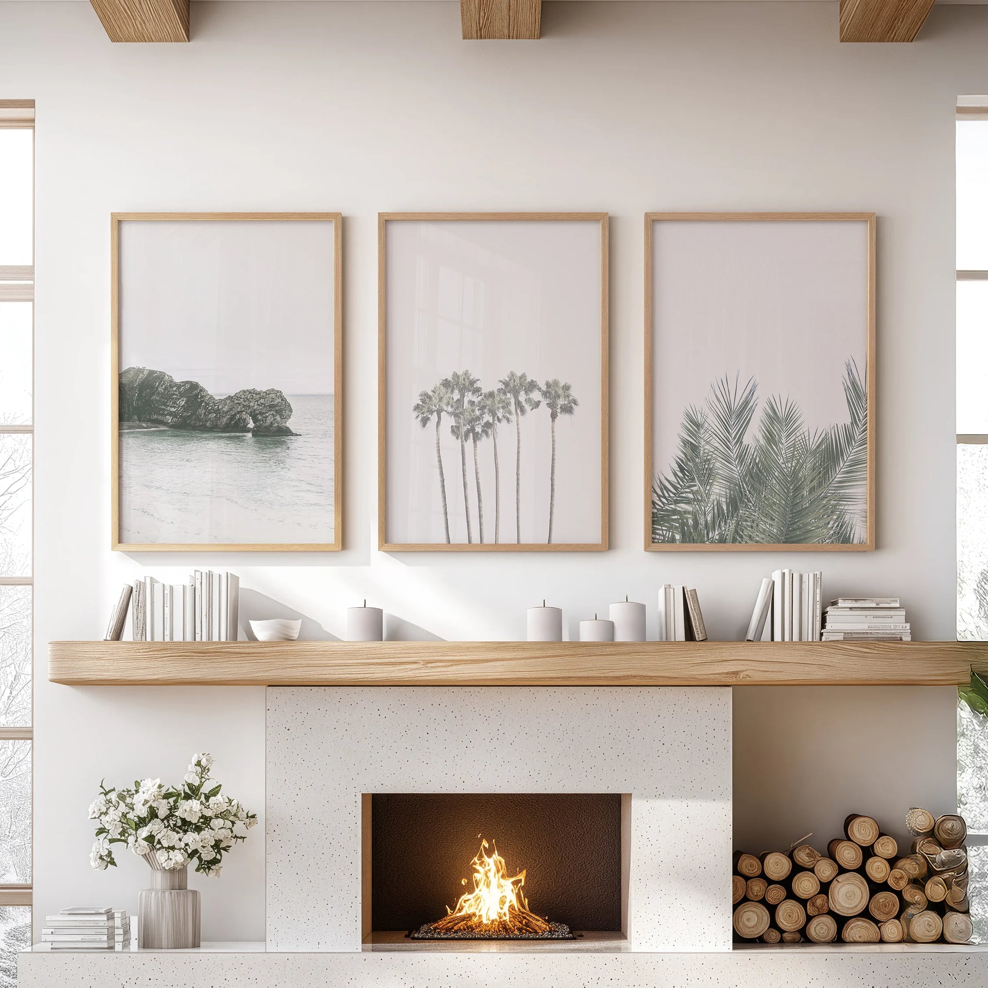 A thin-wood-framed trio of seaside art prints completes the sitting room mantel display, offering an airy coastal charm.