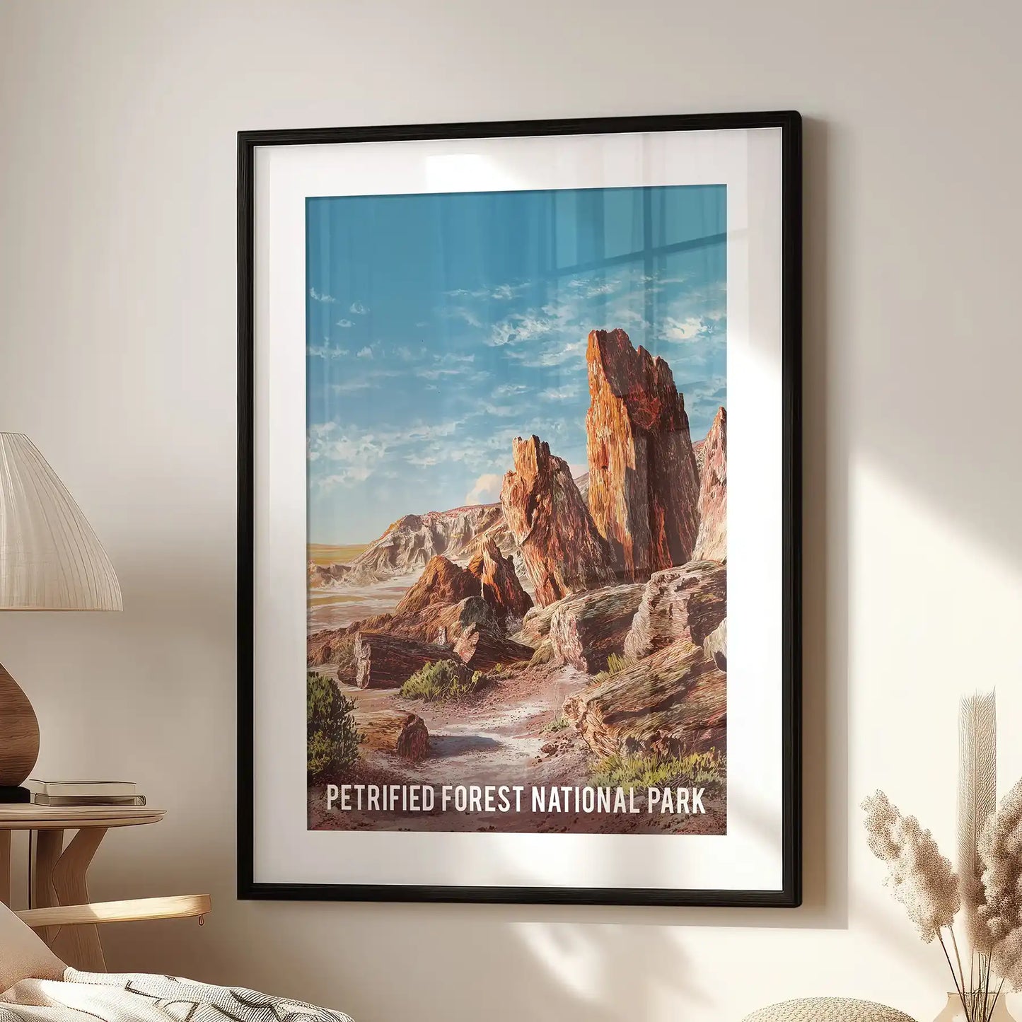 Chinle Formation rock strata single art print, black frame with mat, centered over the lounge seat in the living room for a crisp, archival look.
