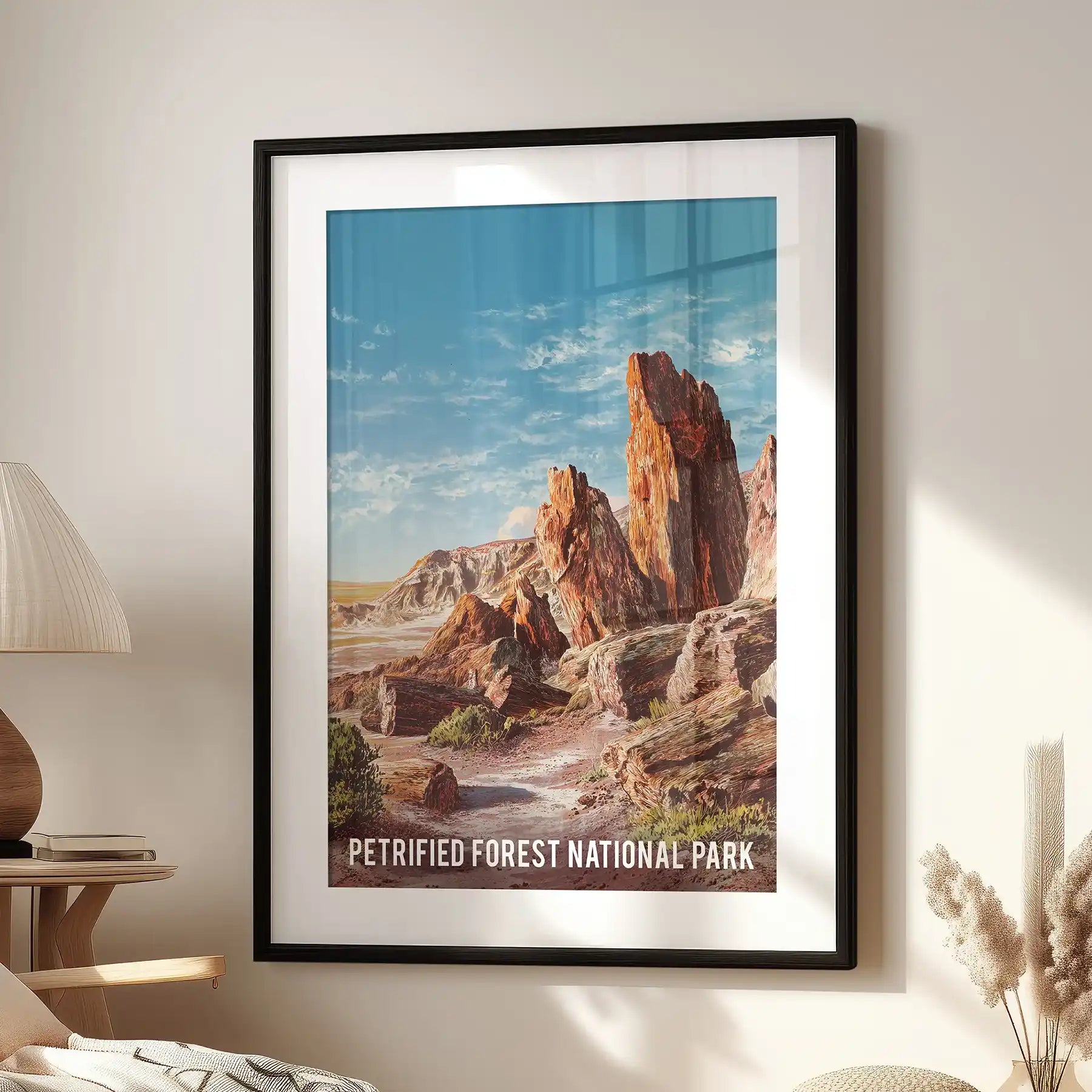Chinle Formation rock strata single art print, black frame with mat, centered over the lounge seat in the living room for a crisp, archival look.