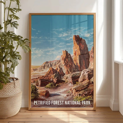 Chinle Formation rock strata gallery poster print in an oak frame leans on the bedroom floor, a warm-toned accent ready to join a collected travel display.