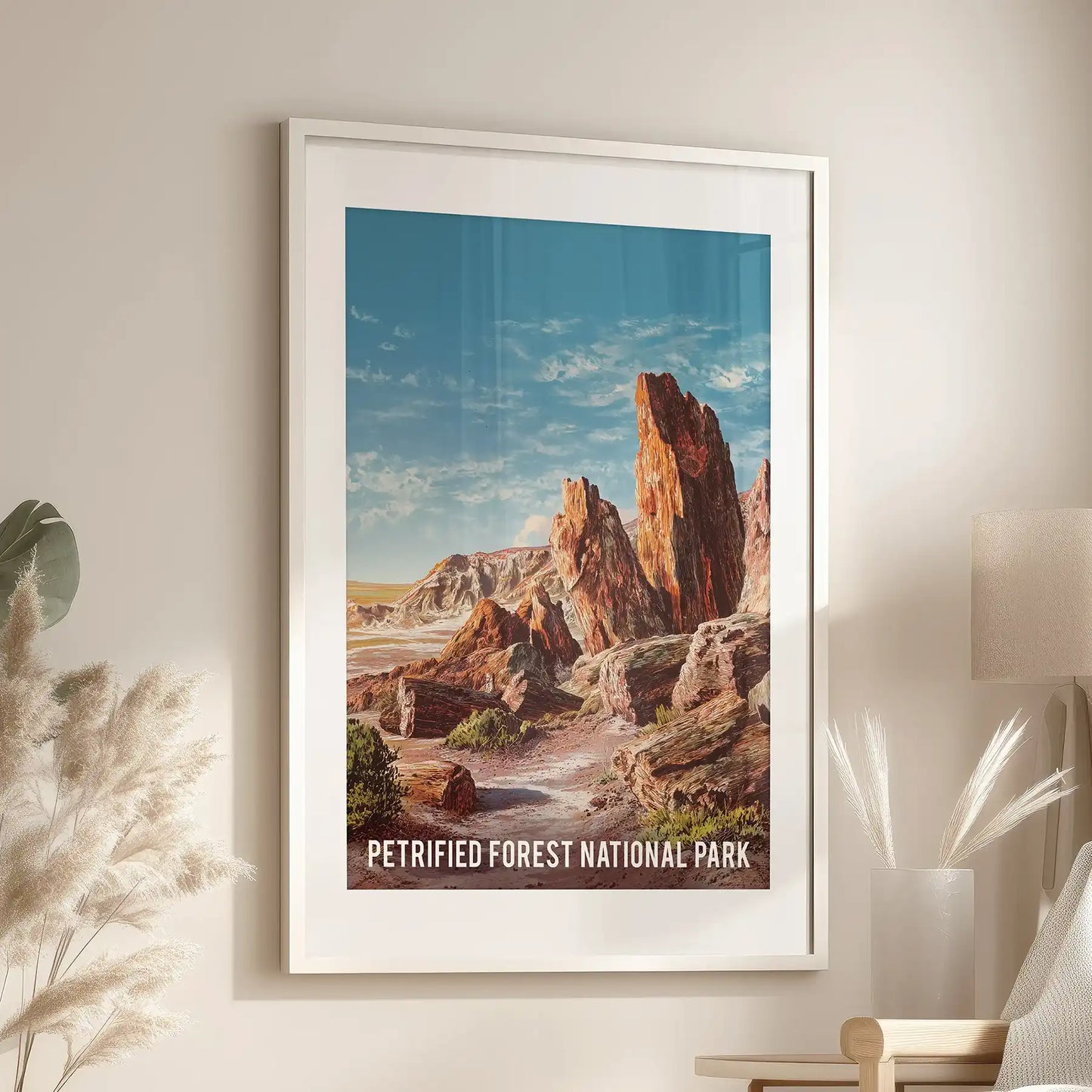 Petrified Forest National Park landscape single-panel wall art as a white framed print with mat, placed by the reading chair to anchor the living room.