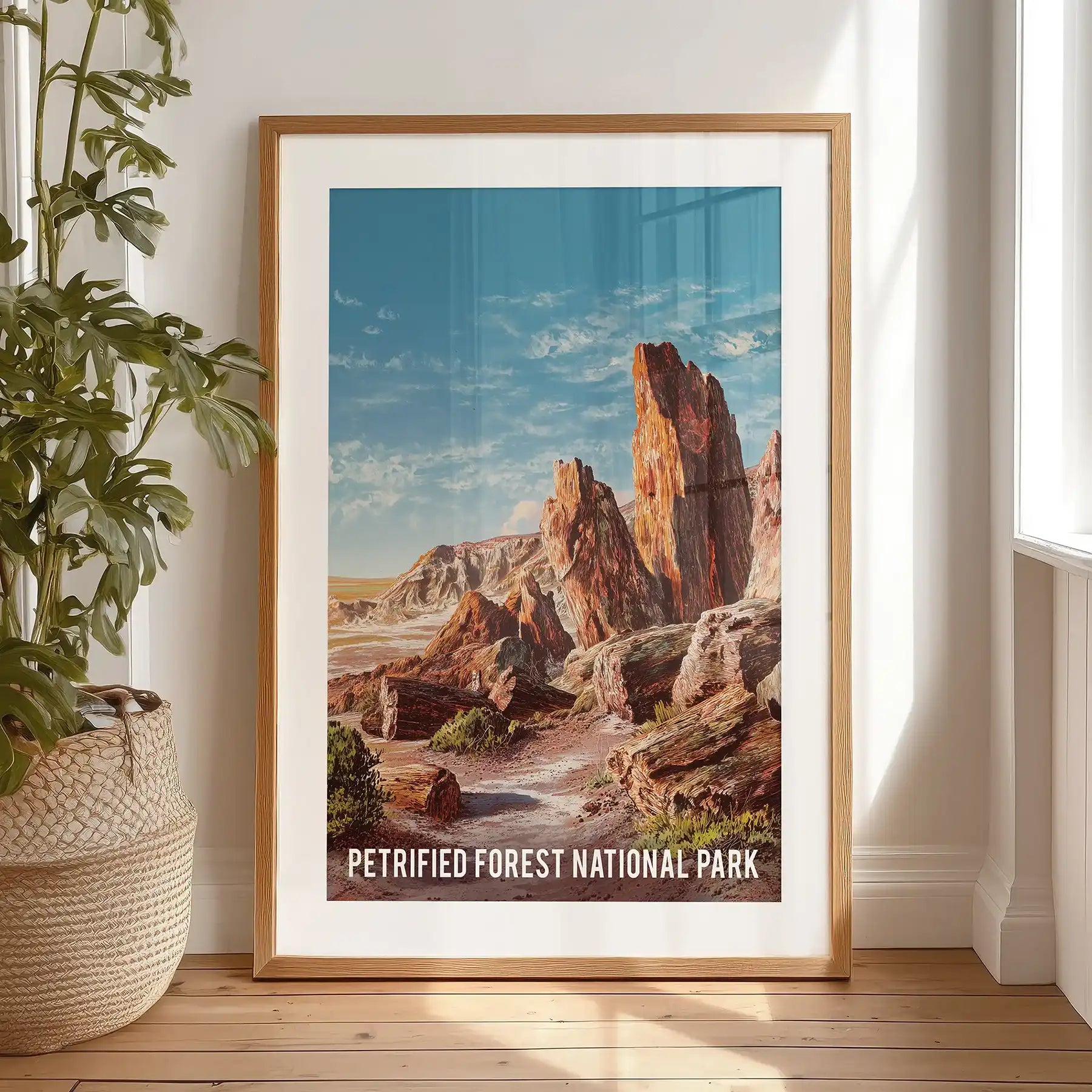 A single-panel Arizona desert print with a black-matted frame rests on the bedroom floor, a vintage accent in soft canyon hues.