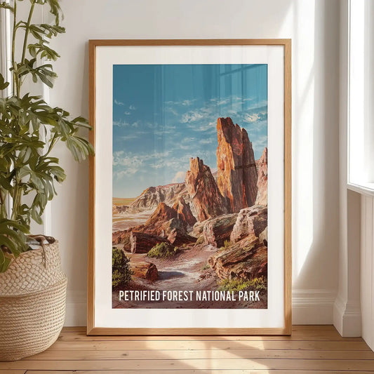 A single-panel Arizona desert print with a black-matted frame rests on the bedroom floor, a vintage accent in soft canyon hues.