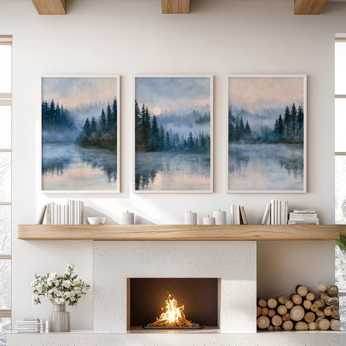 Tranquil water reflections three-piece wall decor set in white frames rests above the mantle, giving the living room a cool, glassy shimmer and quiet balance.