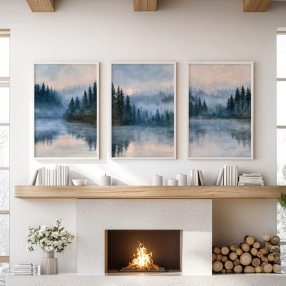 Tranquil water reflections three-piece wall decor set in white frames rests above the mantle, giving the living room a cool, glassy shimmer and quiet balance.