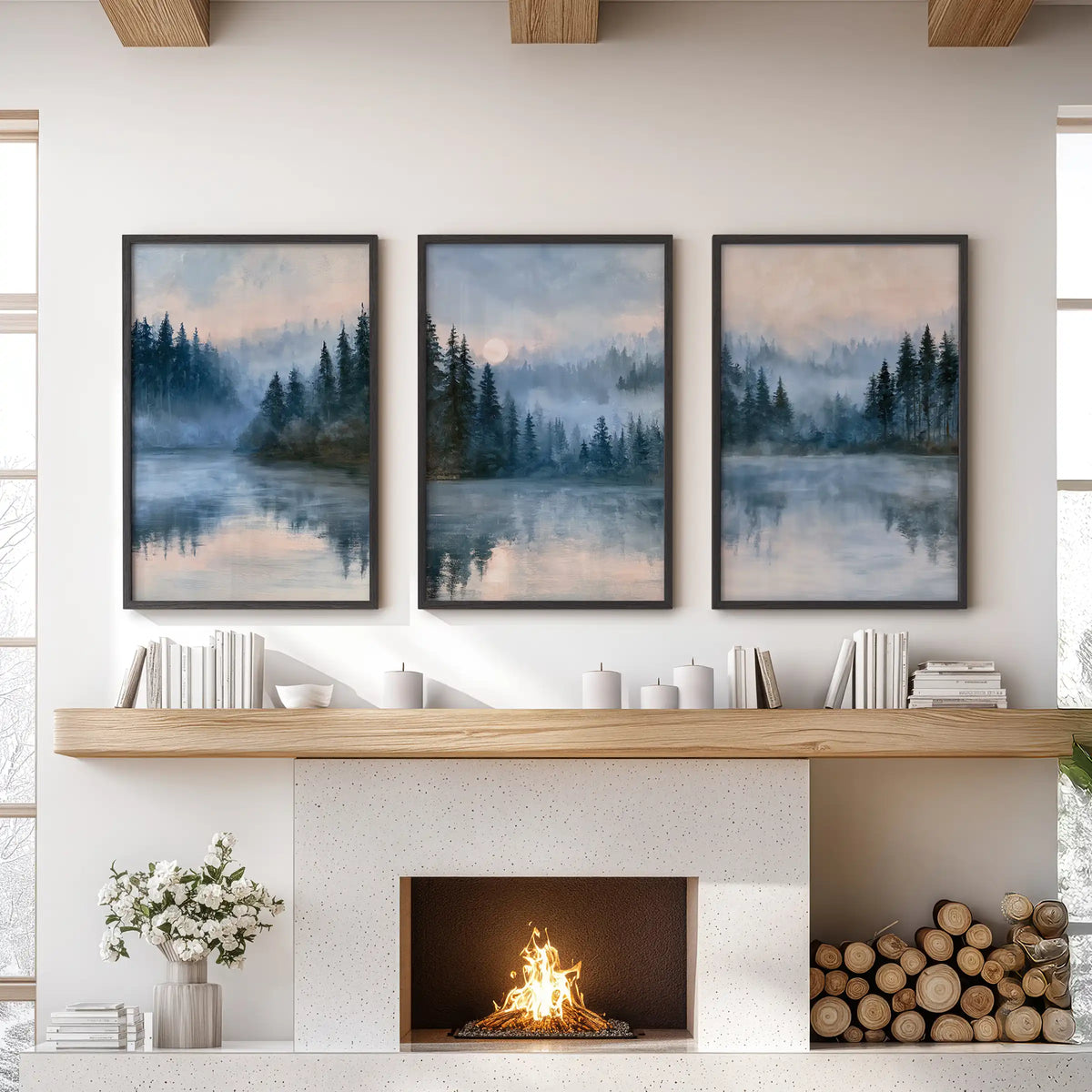 A misty forest lake triptych of wall art in black frames hangs above the hearth, filling the cozy lounge with moonlit blue calm.