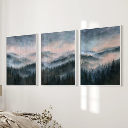 Pine woodland in fog art prints, a set of three in white frames for the bedroom, positioned beside the bed wall to soothe the space.