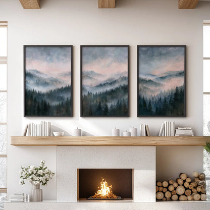 A three-piece wall art set of foggy pine woodland scenes in black frames, arranged above the fireplace mantel in the sitting room.
